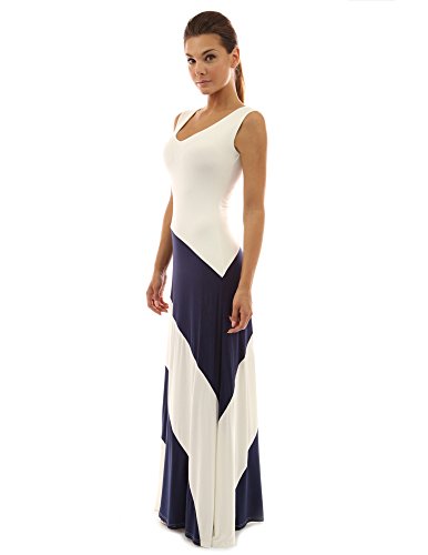 PattyBoutik Women V Neck Striped Maxi Dress (Navy and Ivory White Medium)