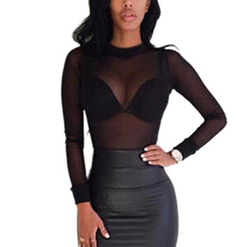 CHOUBAGUAI T-shirt grande taille - Col roulé à manches longues et col roulé pour femme - Maille fine transparente - 1,L