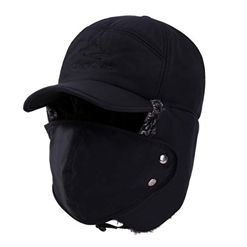 Yooeen Unisexe Chapka avec intérieur fourré Anti-vent Anti-poussière Chaud pour Ski Cyclisme d'Hiver Casquette Chapeaux with Ear Flap, Noir - 1, Taille unique Cover