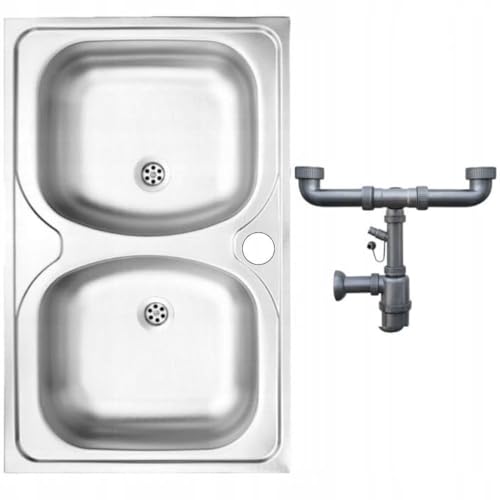 DomoDomo - Fregadero de cocina de acero inoxidable 80x50 cm – fregadero doble sin escurridor, encastrable con orificio para grifo y sifón, fregadero de 2 cubetas