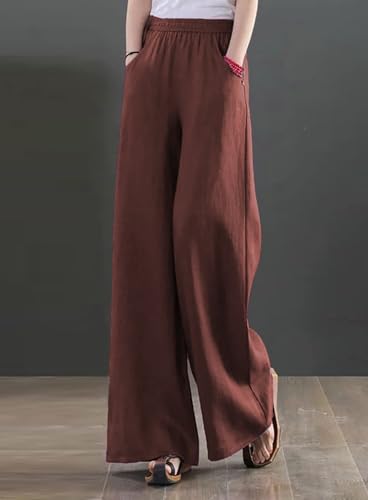 Image of KOTTY Women's Crumble Fabric High Waist Solid Color Drawstring Wide Leg Trousers Loose with Pockets