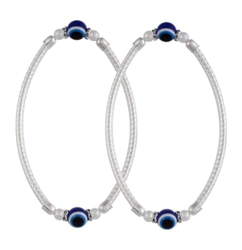 Image of (1 Pair) Silver Kada Style Elasticated Adjustable Alloy Pearl Beads /Stone Evil Eye Nazariya Foot /Leg Payal /Pajeb Anklets For Women's And Girl's