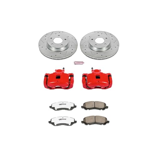 Image of PowerStop Front Brake Kit for Chrysler 200 2011-14 |Sebring 2007-10 |Dodge Avenger 2008-14 - Drilled & Slotted Disc Rotors + Carbon-Fiber Ceramic Brake Pads + Red-Powder Coated Calipers, KC3032-26