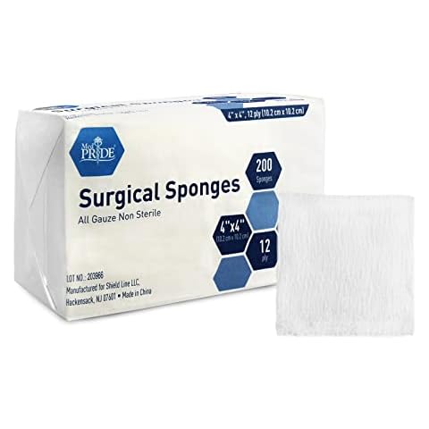 MED PRIDE Gauze Surgical Sponge | 4”x 4”| 12-ply Extra Absorbent Sponges| Value Pack of 200| All-Gauze, Non-Sterile| Great for Wound Dressing, Prepping, Scrubbing & Cleaning Cover