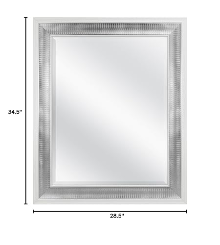 Image of MCS 28.5x34.5 Large Wall Mirror, White Frame with Woven Silver Detail & Beveled Detail Mirror, Vertical & Horizontal Wall Hanging Mirror for Bathroom, Bedroom & Livingroom