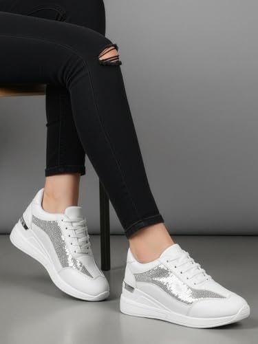 Image of Vendoz Women Wedding & Party Casual High Heel Sneakers I Cushioned Insole I Glittery & Embellished Bridal Wear I Lightweight and Stylish Shoes for Girls CNV7065