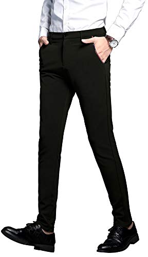 Plaid&Plain Men's Stretch Dress Pants Slim Fit Skinny Suit Pants 7104 Black 32W30L