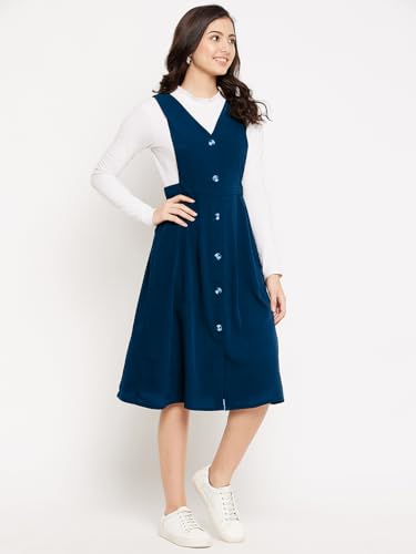 Image of WineRed Women Soild Pinafore Dress with Button