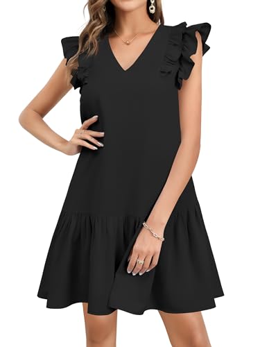 Missufe Sommerkleid A Linien Swing Freizeitkleid Damen V-Ausschnitt Rüschenkleid (schwarz, klein)