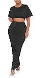 Euulin Two Piece Outfits For Women Short Sleeve Crop Top Blouse Summer Bodycon Jumpsuits Pencil Skirt Sets Maxi Dress Ruched Black M
