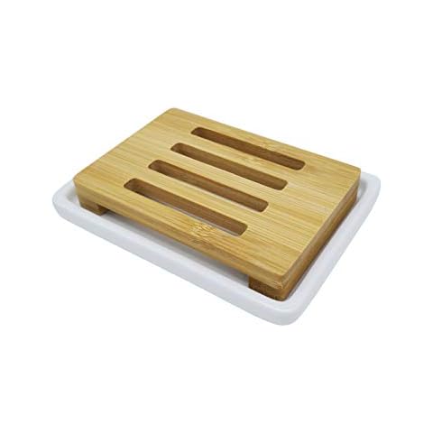 Lofekea Soap Dish Holder, Self Draining Soap Saver Bar Soap Holder for Shower Ceramic Soap Dish for Shower,Bathroom, Kitchen (Bamboo) Cover