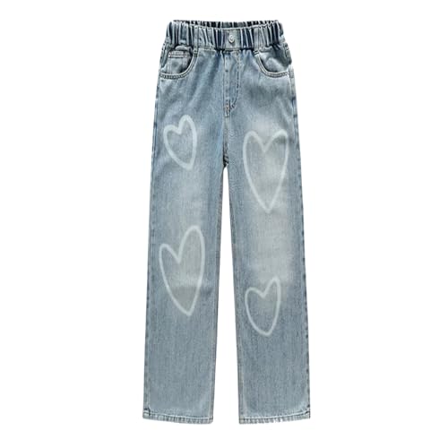 NABER Kids Girls' Casual Elastic Waist Denim Pants Heart Pattern Fashion Wide Leg Jeans Age 5-15 Years3