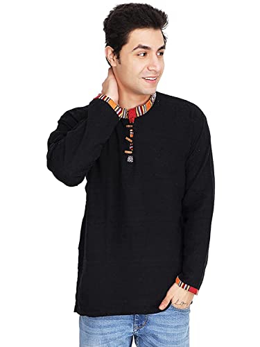 Ukal Inadian Mens Summer Fashion Cotton Khadi Ethnic Shirt-Short Kurta (as1, alpha, m, plus, regular, Black)