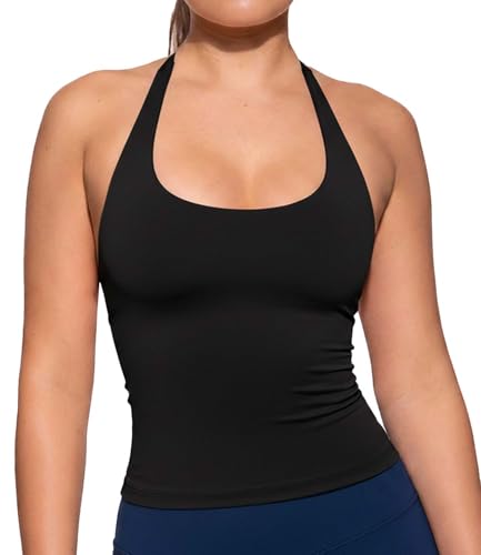 TZLDN Women Halter Neck Gym Tops Seamless Vest Top with Built in Bra Backless Yoga Sports Top Workout Pilates Black S