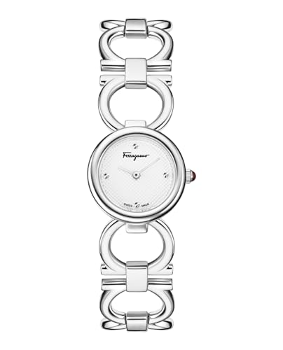 Ferragamo Double Gancini Collection Luxury Womens Watch Timepieces with a Silver Bracelet Featuring a Stainless Steel Case and a White Dial