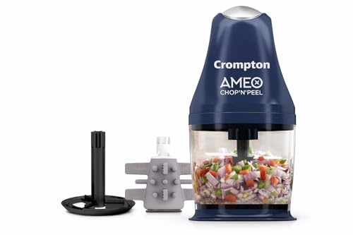 Crompton Ameo Chop'N'Peel Vegetable Chopper - 300W Motor | Twin S Shaped Ninja Food Grade Blades | 800ml See Through Food Grade Bowl | Garlic Peeler |