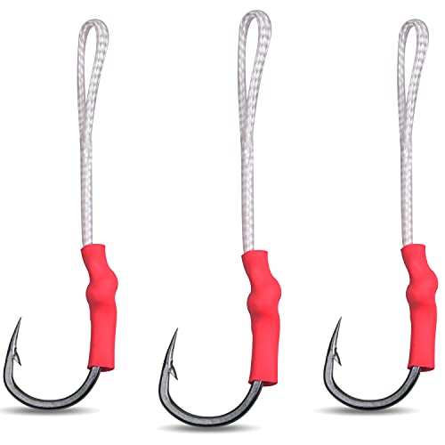 Fishing Assist Hooks with PE line,40pcs Stainless Steel Vertical Jigging Assist Hooks Saltwater Butterfly Slow Fast Jigs Hooks for Dolphin Halibut Tuna
