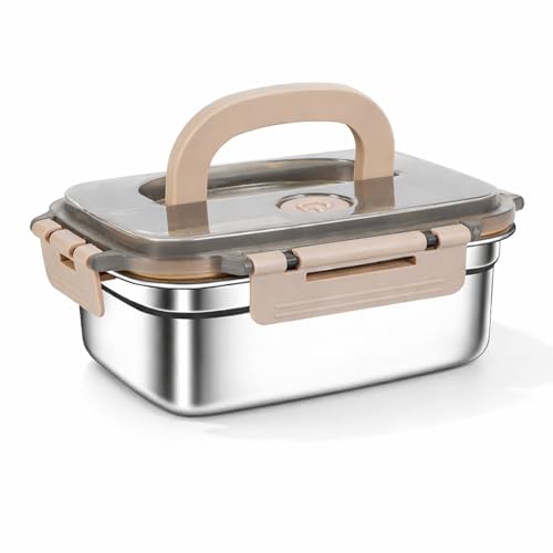 Image of 2200ML Stainless Steel Lunch Box with Silicone Seal & Air Vent | SUS316 Food Grade Steel | Leakproof 4-Side Lock | Microwave, Freezer & Dishwasher Safe | Portable Tiffin Box (Beige)