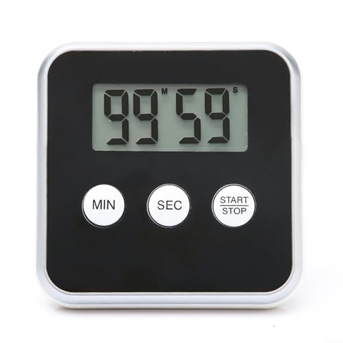 Electronic Timer with LCD Display, Magnetic Back 99 Minute Countdown and Count Up, Loud Alarm, Black 8x8x2 cm Battery Operated for Kitchen or Home Use