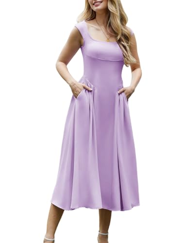 Image of Women's Formal Wedding Guest Dress Square Neck Cocktail Drop Waist Bridesmaid Flowy Midi Dresses with Pockets