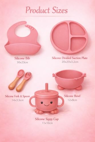 Image of SJC Global Silicone Baby Feeding Set Pink - 6 PCS Plate, Bowl, Spoon, Fork, Bib & Cup | Food‑Grade Silicone Tableware for Babies & Toddlers