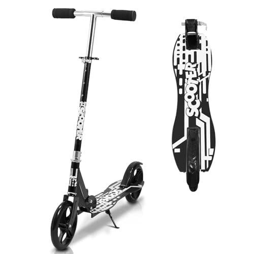 Hebitod Patinete para niños, color negro, plegable, con ruedas grandes de poliuretano de 190 mm, manillar regulable de 90 a 100 cm, patinete a partir de 7 años hasta 100 kg, plataforma antideslizante