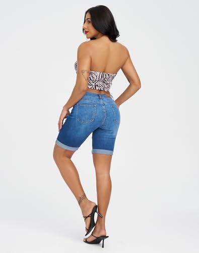 roswear Women's Ripped Denim Mid Rise Stretchy Bermuda Shorts Jeans Denim Medium