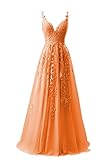 Women's Floral Spaghetti Straps Orange Prom Dress for Teens Elegant Floor Length Pleated Tulle Prom Dresses 2024 with Applique Back Lace Up V Neck Formal Evning Party Dresses US2