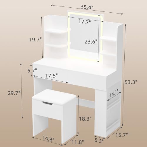 Image of YESHOMY 35.4 inch Vanity Desk with LED Mirror and Lights,Makeup Vanity Set with 2 Storage Drawers, 2 Side Shelves, 1 Storage Bench and Open Storage Shelves, 3 Color Modes, for Bedroom, Modern White