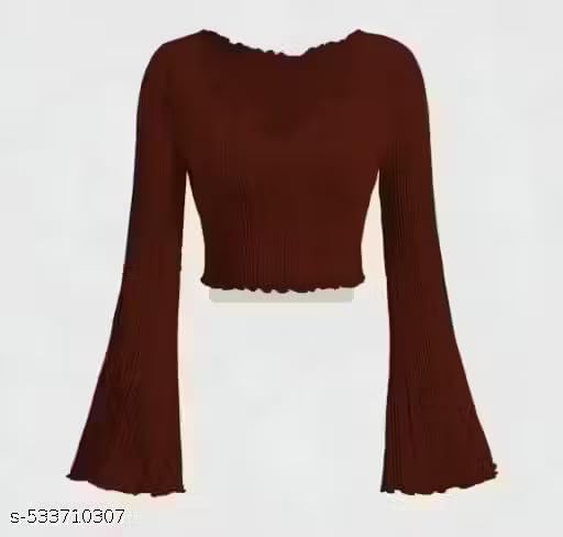 Image of V-Neck Notched Flared Sleeve Top for Women | Stylish Polyester Long Sleeve Blouse for Casual Wear 450