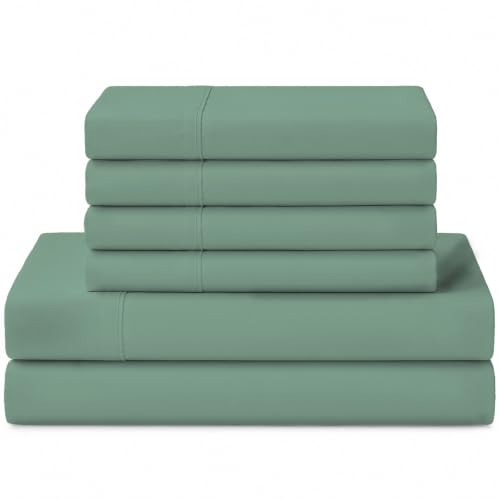 Image of Linen Home 100% Cotton Percale Sheets California King Size, Frosty Green, Deep Pocket, 6 Pieces Set- 1 Flat, 1 Fitted and 4 Pillowcases, Crisp Cool and Long Staple Strong Bed Linen
