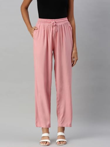 Image of Cadila Women's Cotton Drawstring Rayon Pants with Single Right Side Pocket, Liva Certified Pants M-L Dusty-Pink