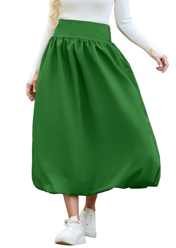 Women's Bubble Long Skirt Elastic Waist A-Line Pleated Ruffle Flowy Balloon Maxi Skirts with Pockets