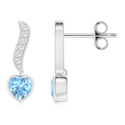 ANGARA Natural Aquamarine Earrings for Women | Heart-Shaped Aquamarine and Diamond Swirl Drop Earrings in 14K Solid Gold/Silver/Platinum | March Birthday, Anniversary, Gemstone Jewellery Gift