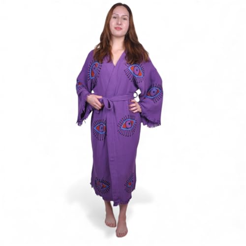 Image of Purple Evil Eye Robe - Turkish Cotton Spa Robe - Handmade Festival Women Kimono - Boho Long Cardigan - Dressing Gown