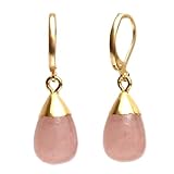 Gempires Rose Quartz Teardrop Dangle Earrings, Pink Crystal Gemstone Jewelry, Hypoallergenic 14k Yellow Gold Plated Leverback, Everyday Wear Earrings