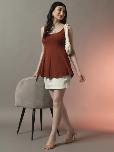 Image of Trend Arrest.ed Women's Polyester Sculpt Flare Top | Stretchable Sleeveless Fit & Flare Blouse with Scoop Back