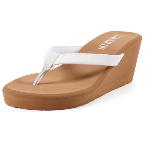 UBXRIN Women's Wedge Flip Flops Comfortable Platform Thong Sandals,Beach Pool Casual Summer Slip-On Shoes 2.8 inch White US7