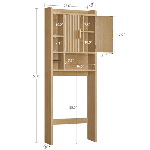 Image of TEENFON Over The Toilet Storage Cabinet with 4 Open Shelves and Adjustable Shelf, Extra Tall Bathroom Organizer Unit with 2 Wood Doors, Home Space Saver for Bathroom, Laundry Room, Natural