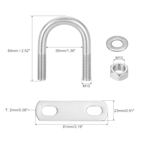 Image of uxcell Round U-Bolts, 6 Sets 35mm(1.38 inch) Inner Width 64mm Length M10 304 Stainless Steel U Clamp Bolt with Nuts and Plates, for Boat Trailer