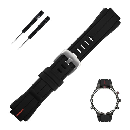 Topuly 24mm x16mm Rubber Watch Band replacement for Timex T2N720 T2N721 T2N739 TW2T76500 TW2T76300 TW2T76400 Silicone Strap Wirstband accessories for Men and Women (16mm, Red Line Silver Buckle)