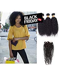 Brazilian Kinkys Curly Hair Bundles With Closure Virgin Curly Hair Weave 8A 100% Unprocessed Human Hair Bundles with closure 4"4"(8 10 12+8lace closure, Natural Color)