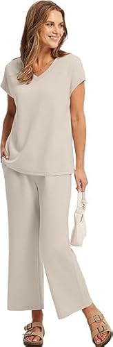 Two Piece Sets for Women, Summer Outfits Lounge Sets, Wide Leg Pants Women comfy sets, Vacation Travel clothes, Ivory, M - Image 4