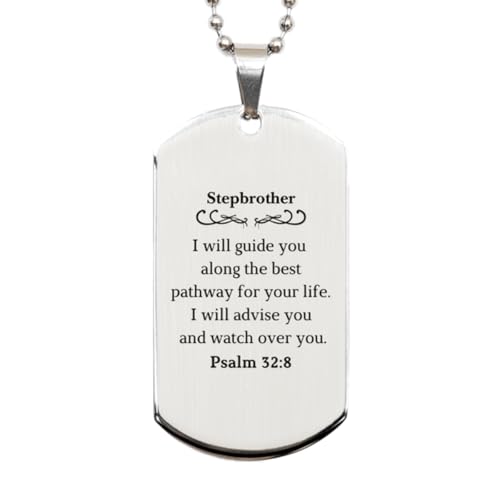 SOFEELSTORE Engraved Silver Dog Tag Stepbrother I Will Guide You Psalm 32:8 Inspirational Gifts for Him on Graduation, Christmas, Easter - Unique and Perfect Confidence Symbol