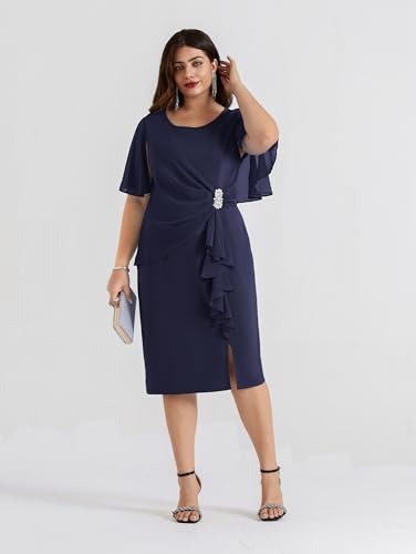 Image of Hanna Nikole Womens Plus Size Chiffon Cape Sleeve Ruffle Ruched Cocktail Party Pencil Dress for Wedding Guest