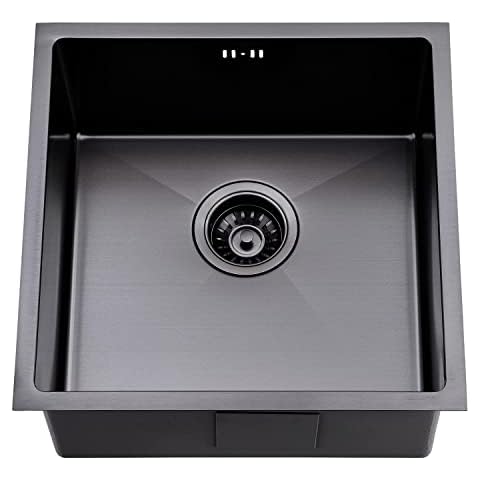 GLANZHAUS 43x43 cm Black Kitchen Sink, Single Bowl Undermount Kitchen Sink,Stainless Steel Kitchen Sink with Drainer Fittings and Overflow Cover