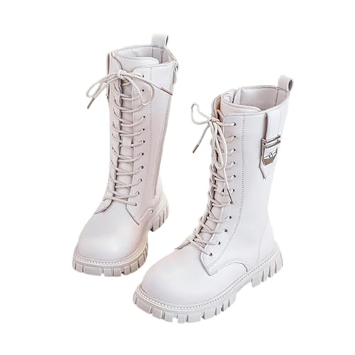 White Boots for Girls,Girls White Boots,Lace Up Riding Booties Mid Calf Combat Booties Pu Leather Side Zipper Punk Goth Boot 4-11 Years,Fashion Comfortable Round Toe Low Heel Combat Riding Boot