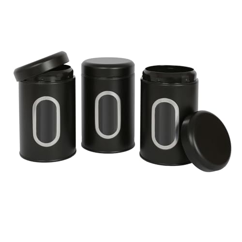 Harbour Housewares Tea Coffee and Sugar Canisters Set - Black - 3pc Transparent Window Airtight Food Storage Containers Kitchen Caddy Stainless Steel Storage Jars