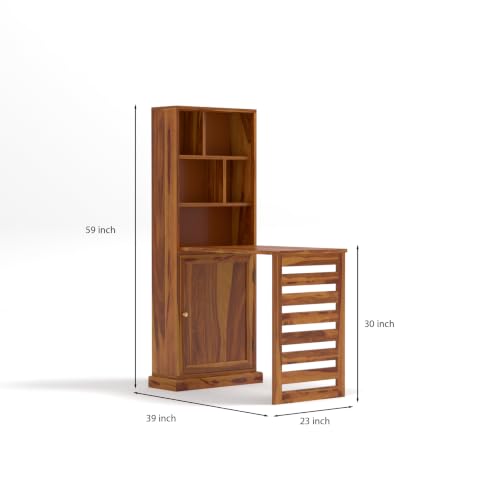 Image of Sheesham Wood Study Table with Bookshelf & Storage Cabinet | Space Saving Writing Desk for Home Office & Study Room (Honey Finish)