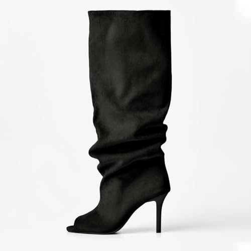 MICIFA Women's Suede Knee High Boots Stiletto Heel Open Boots Pull On Slouchy Wide Calf Boots Fahion Dress Fall Tall Booties3